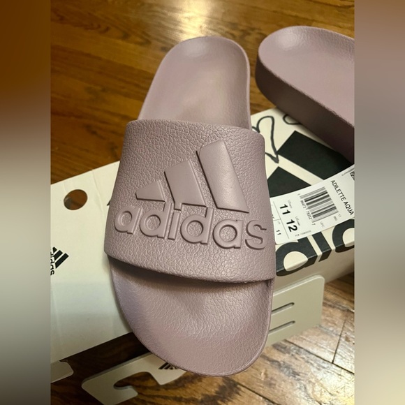 Adidas Slides-never worn! NWT! Men’s size 11/12- gray/light purple neutral color - Picture 2 of 7